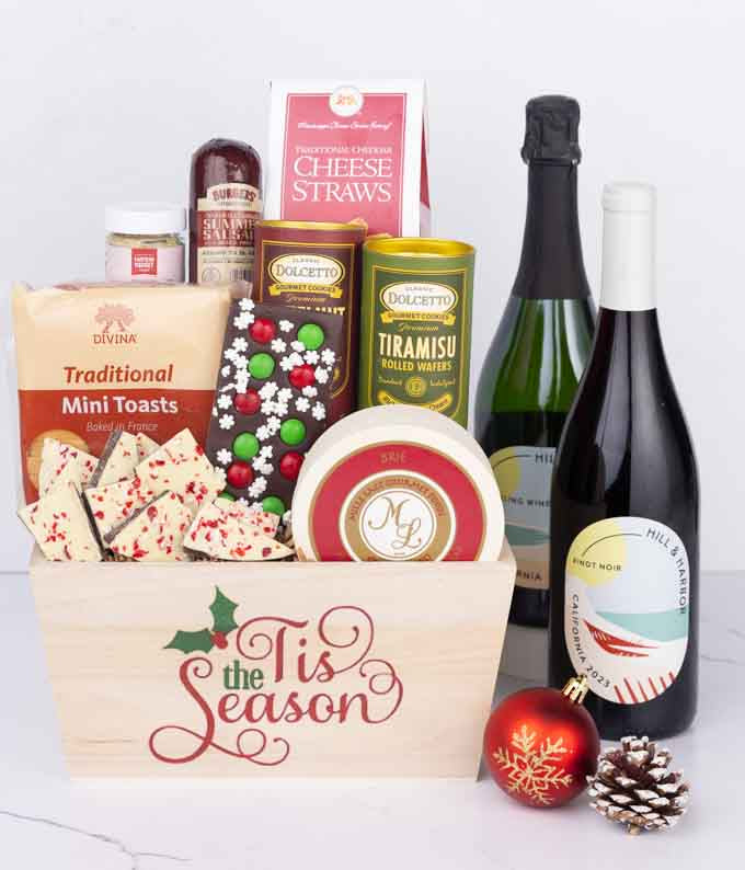 Holiday Snack & Treats Basket with Red & Sparkling Wine