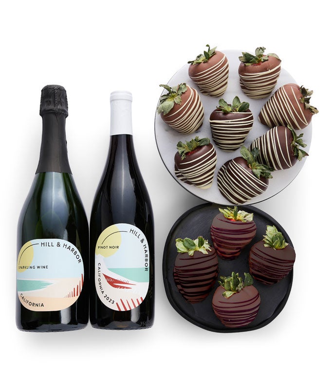 Gourmet Chocolate Dipped Strawberries with Red & Sparkling Wine