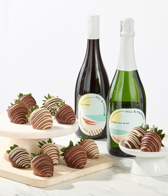 Gourmet Chocolate Dipped Strawberries with Red & Sparkling Wine