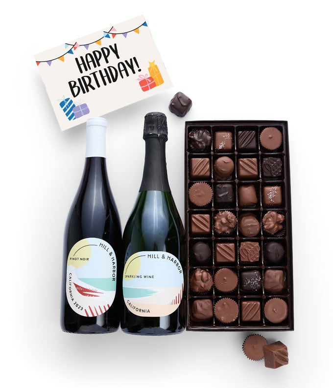 Hill &amp; Harbor California Pinot Noir and California Sparkling Wine delivered with 28 chocolate truffles. 