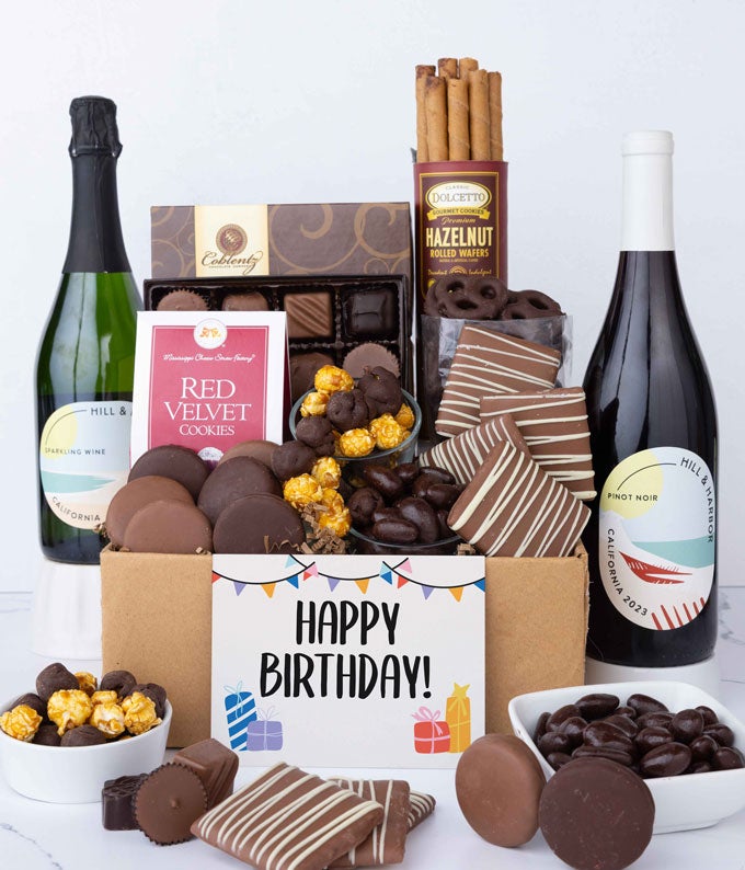 Happy Birthday! Deluxe Chocolate Gift Box with Red & Sparkling Wine