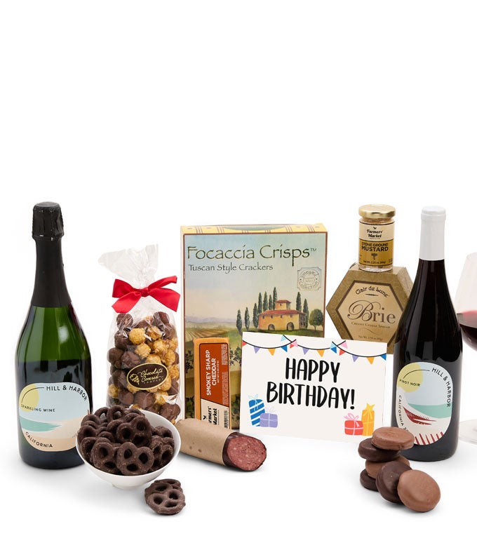 Happy Birthday! Gourmet Gift Box with Red &amp; Sparkling Wine