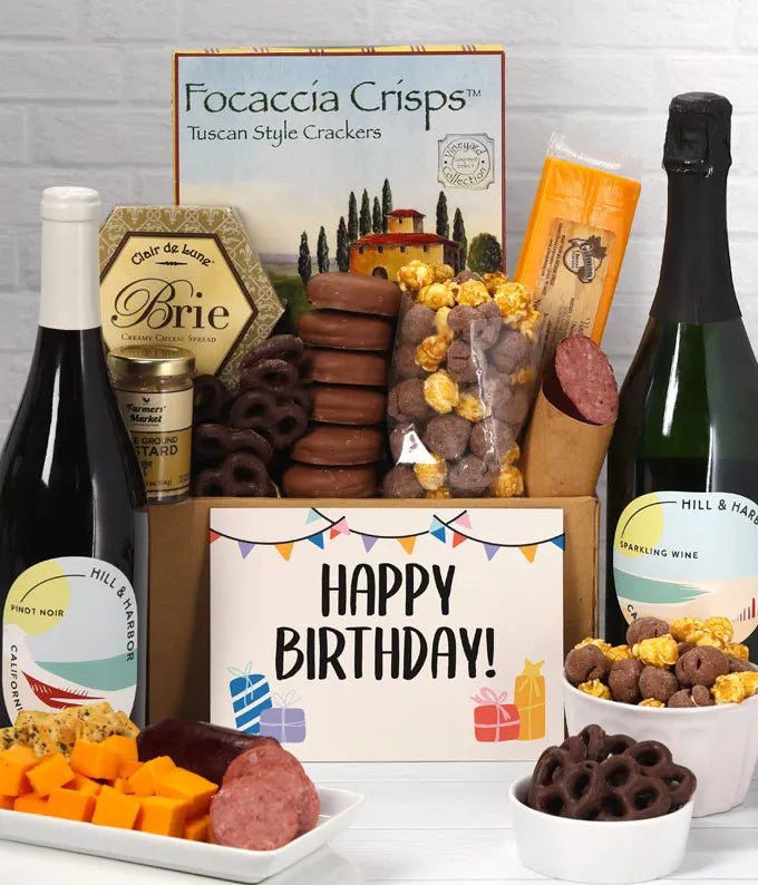Happy Birthday! Gourmet Gift Box with Red & Sparkling Wine