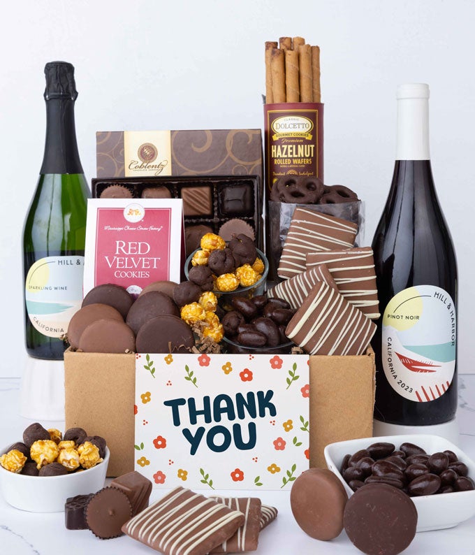 Thank You! Gourmet Chocolate & Wine Indulgence Gift Box - California Red & Sparkling Wine