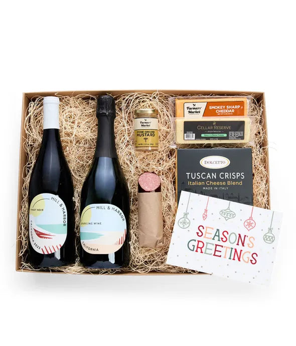 Season&#39;s Greetings Cheese &amp; Meat Box with California Red &amp; Sparkling Wine