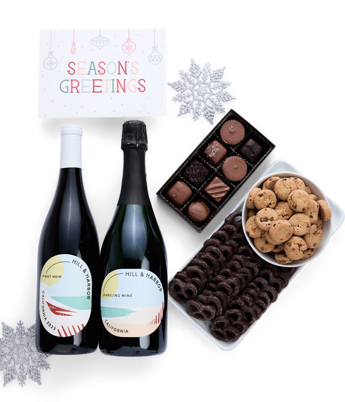 Season&#39;s Greetings Sweet Treats Chocolate Gift Box with California Red &amp; Sparkling Wine