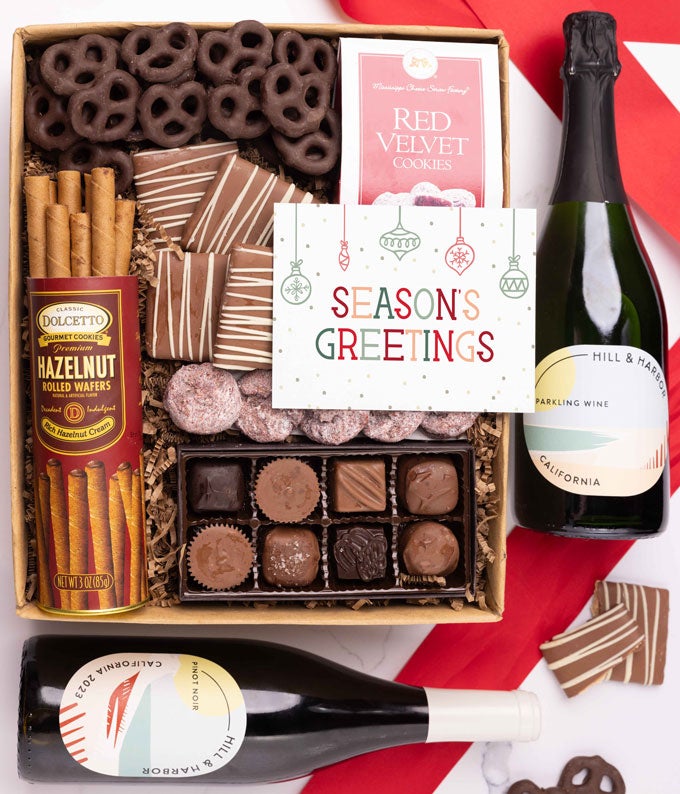 Season's Greetings Chocolate & Sweets Gift Box with Red & Sparkling Wine