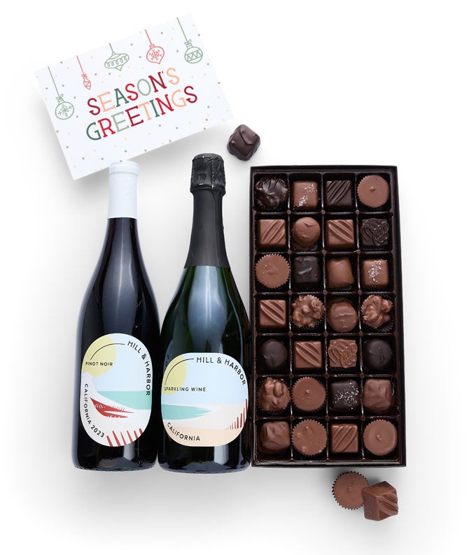 Season&#39;s Greetings Gourmet Chocolates with California Red &amp; Sparkling Wine