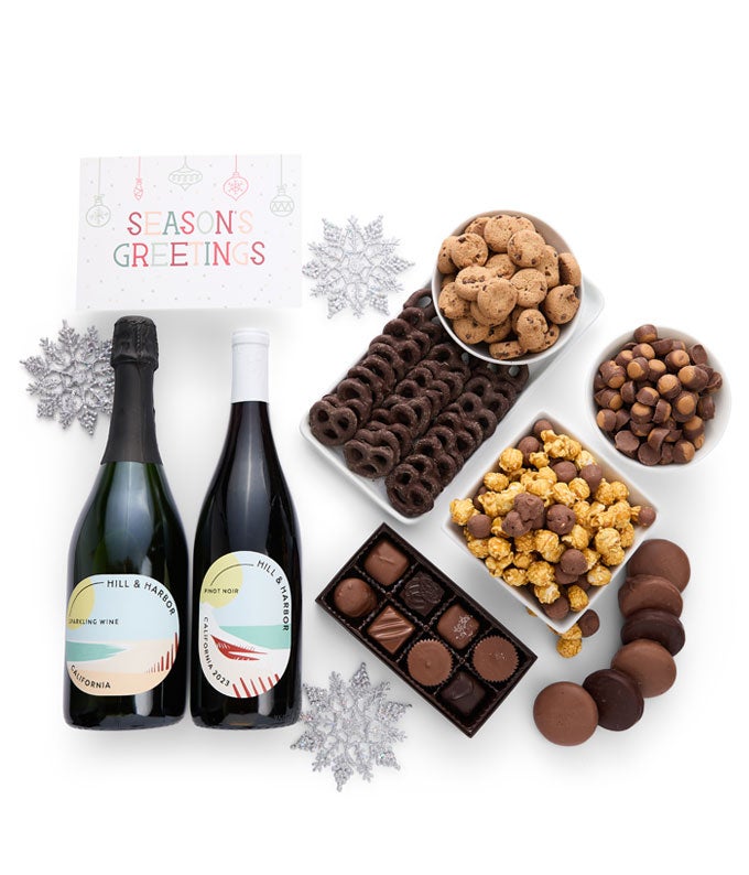 Season&#39;s Greetings Gourmet Chocolate &amp; Wine Indulgence Gift Box - California Red &amp; Sparkling Wine