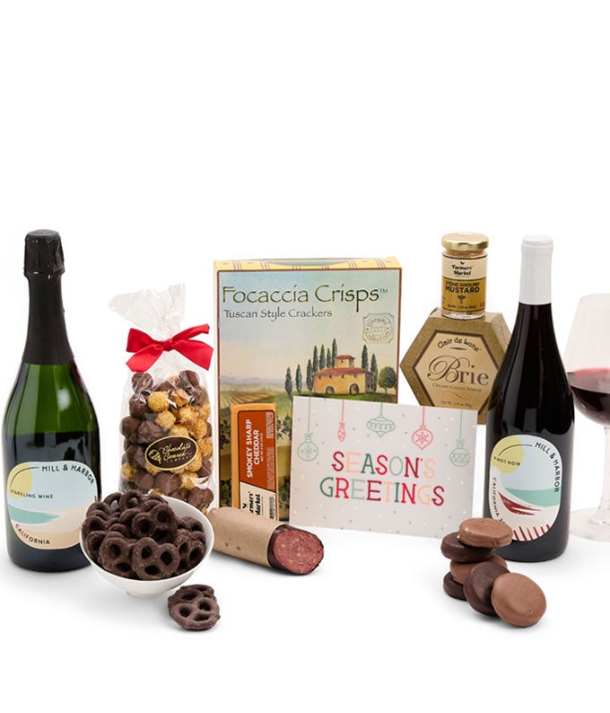 Season&#39;s Greetings Sweet &amp; Savory Gourmet Gift Box with California Red &amp; Sparkling Wine