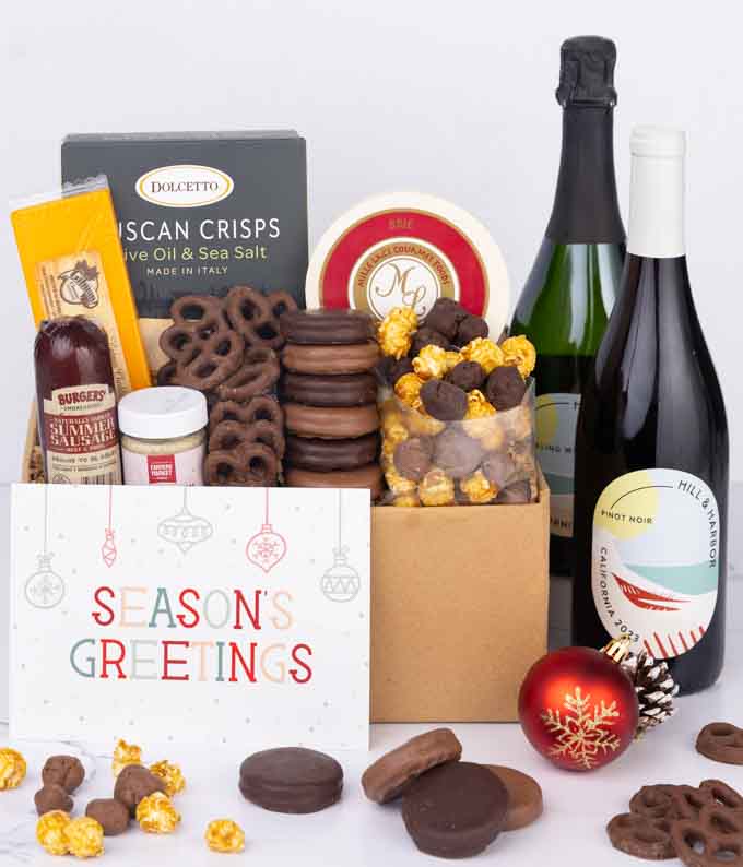 Season's Greetings Sweet & Savory Gift Box with Red & Sparkling Wine