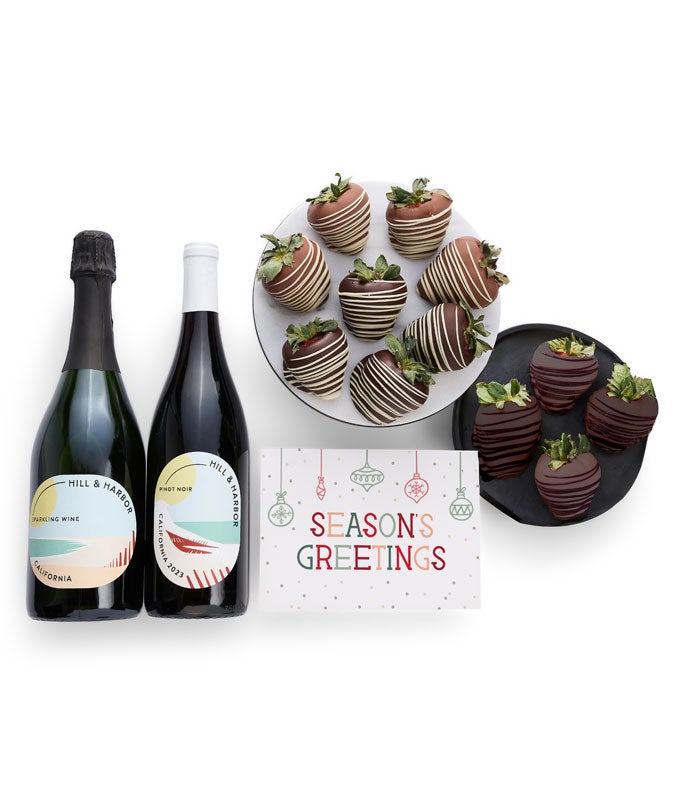 Season's Greetings Gourmet Chocolate Dipped Strawberries with Red & Sparkling Wine