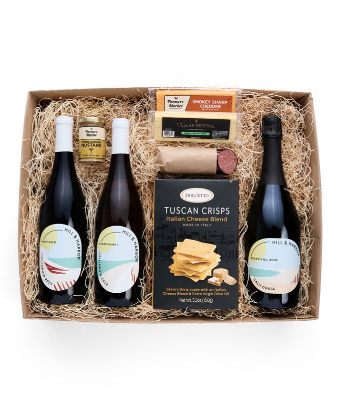 Cheese &amp; Meat Gift Box with Red, White &amp; Sparkling Wine