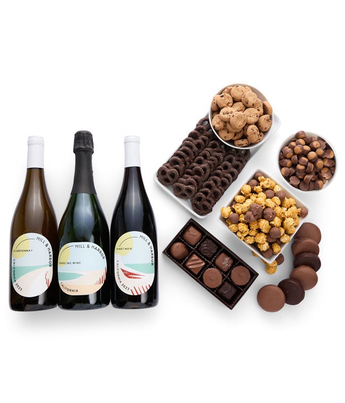 Gourmet Chocolate &amp; Wine Indulgence Gift Box - California Red, White &amp; Sparkling Wine