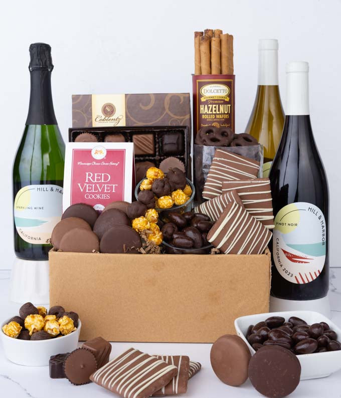 Gourmet Chocolate &amp; Wine Indulgence Gift Box - California Red, White &amp; Sparkling Wine