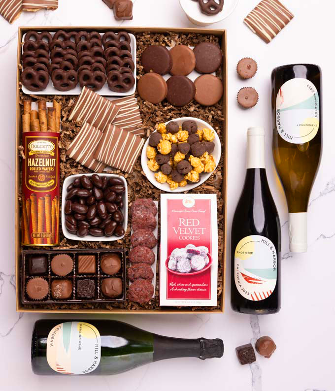 Gourmet Chocolate &amp; Wine Indulgence Gift Box - California Red, White &amp; Sparkling Wine