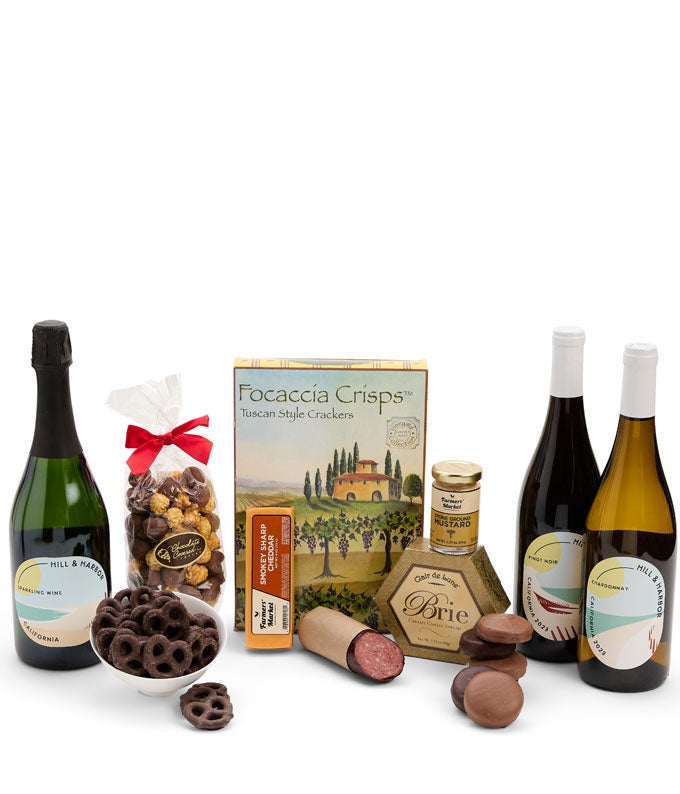 Sweet &amp; Savory Gourmet Gift Box with California Red, White &amp; Sparkling Wine