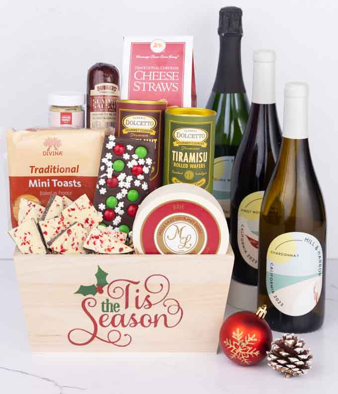Holiday Snack & Treats Basket with Red, White & Sparkling Wine
