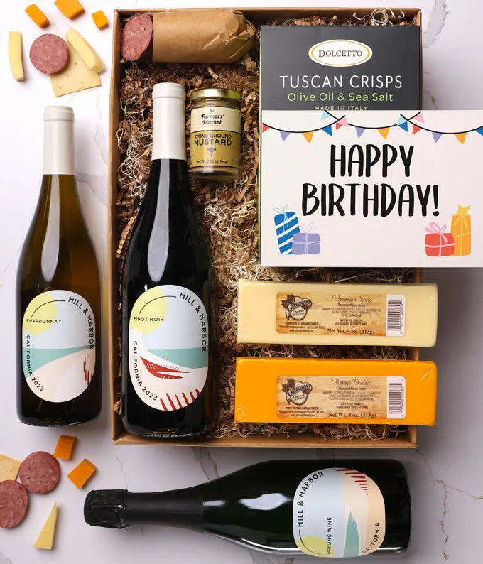 Happy Birthday! Cheese & Meat Box with Red, White and Sparkling Wine