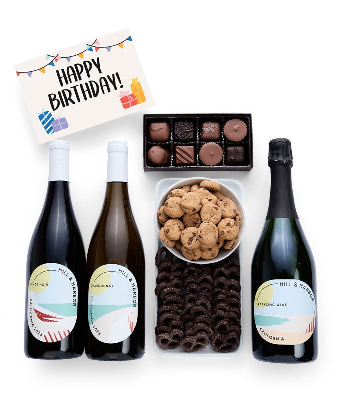 Happy Birthday! Chocolate Gift Box with Red, White &amp; Sparkling Wine