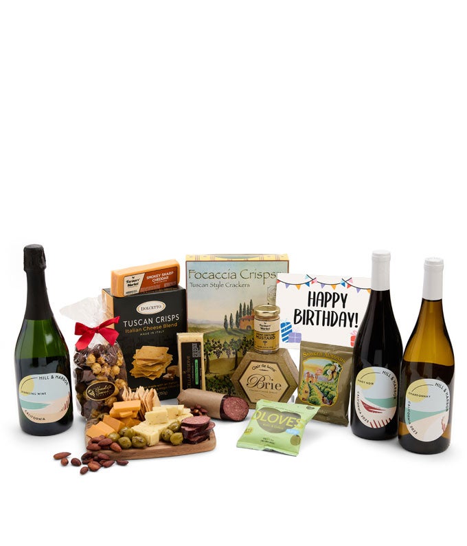 Happy Birthday! Deluxe Charcuterie Gift Box with Red, White &amp; Sparkling Wine