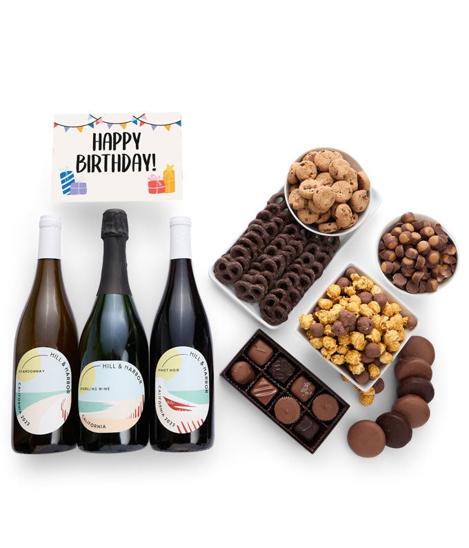 Happy Birthday! Deluxe Chocolate Gift Box with Red, White &amp; Sparkling Wine