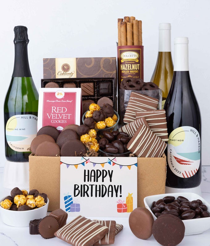 Happy Birthday! Deluxe Chocolate Gift Box with Red, White & Sparkling Wine