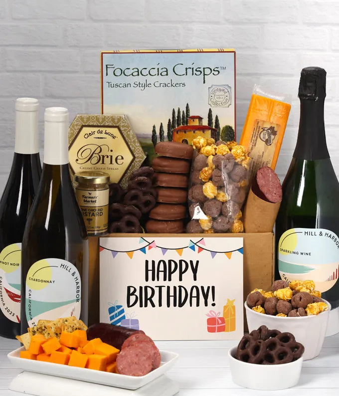 Happy Birthday! Gourmet Gift Box with Red, White & Sparkling Wine