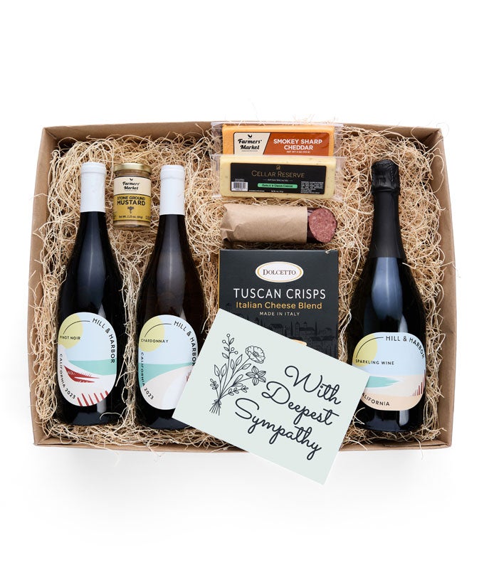 Deepest Sympathy Cheese &amp; Meat Gift Box with Red, White and Sparkling Wine