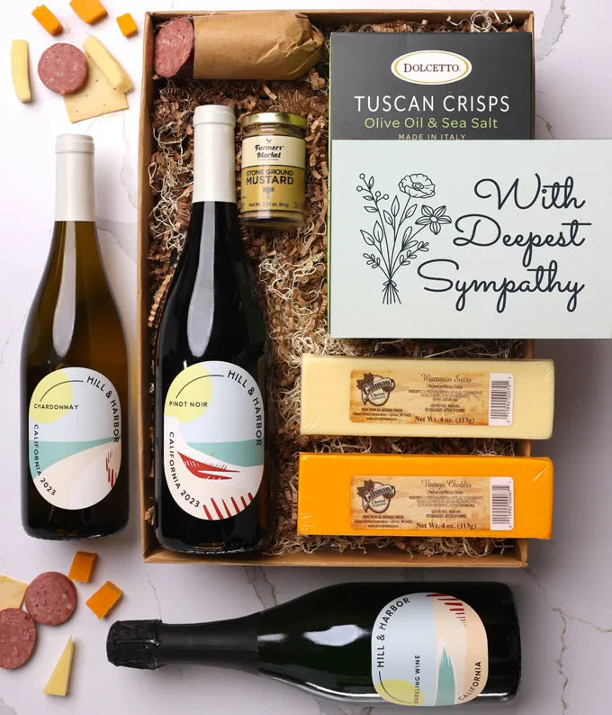 Deepest Sympathy Cheese & Meat Gift Box with Red, White and Sparkling Wine