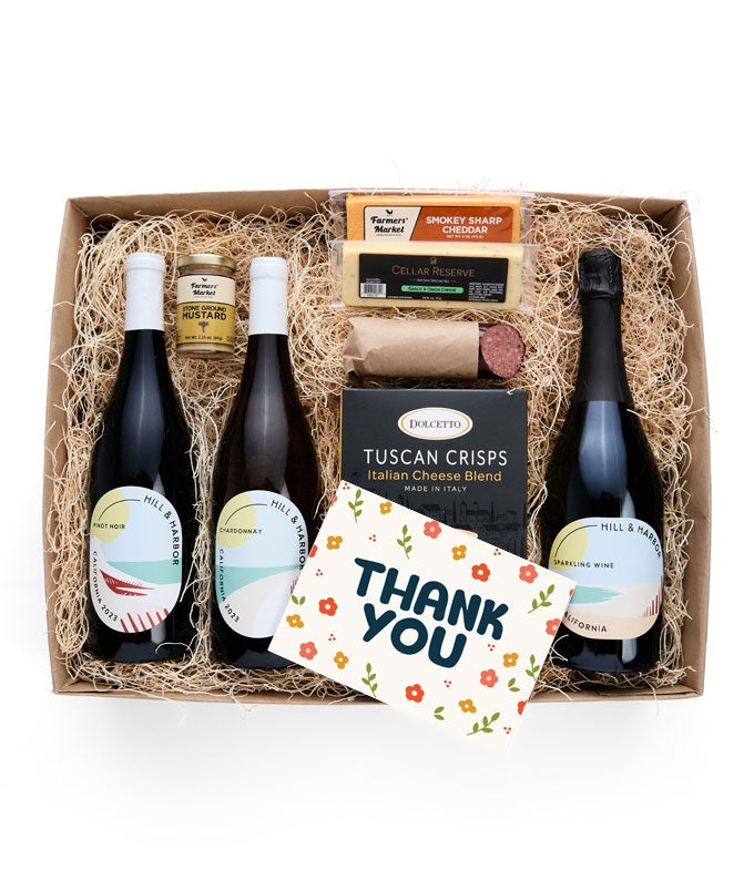 Thank You Cheese &amp; Meat Gift Box with Red, White and Sparkling Wine