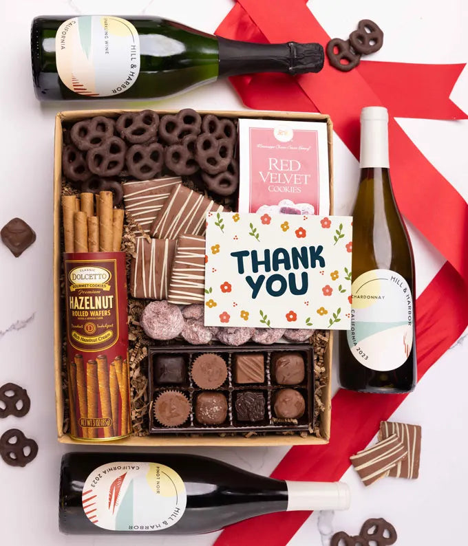 Thank You Sweet Treats Chocolate Gift Box with California Red, White & Sparkling Wine