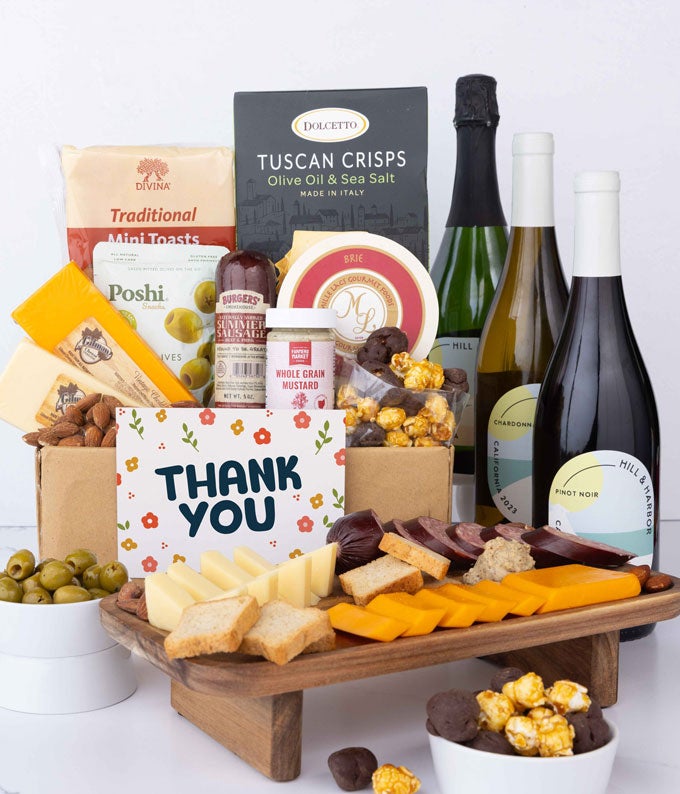 Thank You! Charcuterie, Cheese & California Wine Gourmet Gift Box - Red, White & Sparkling Wine