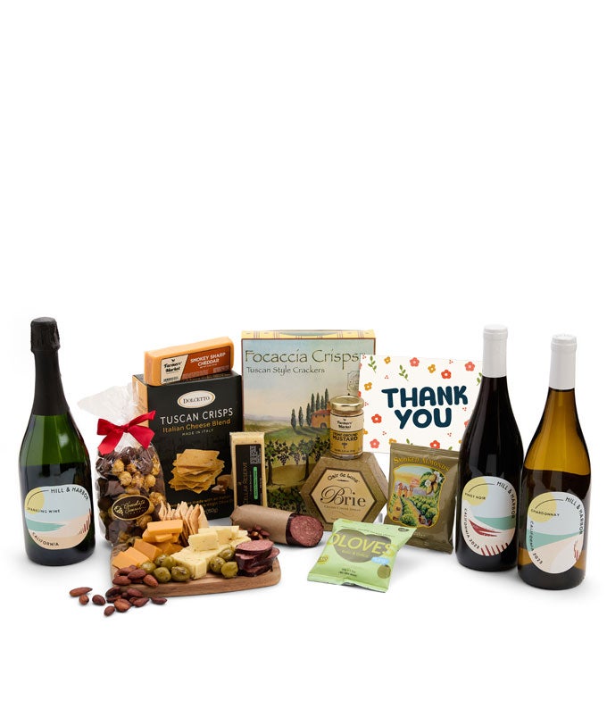 Thank You! Charcuterie, Cheese &amp; California Wine Gourmet Gift Box - Red, White &amp; Sparkling Wine