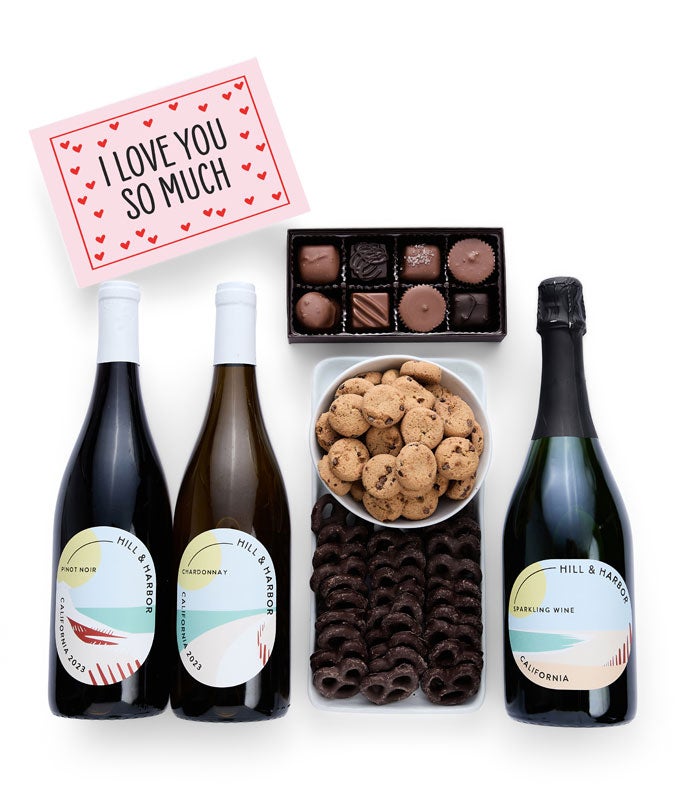 I Love You! Sweet Treats Chocolate Gift Box with California Red, White &amp; Sparkling Wine