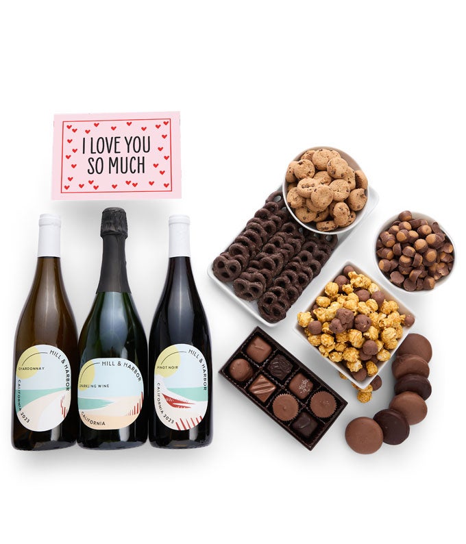 I Love You! Gourmet Chocolate &amp; Wine Indulgence Gift Box - California Red, White &amp; Sparkling Wine