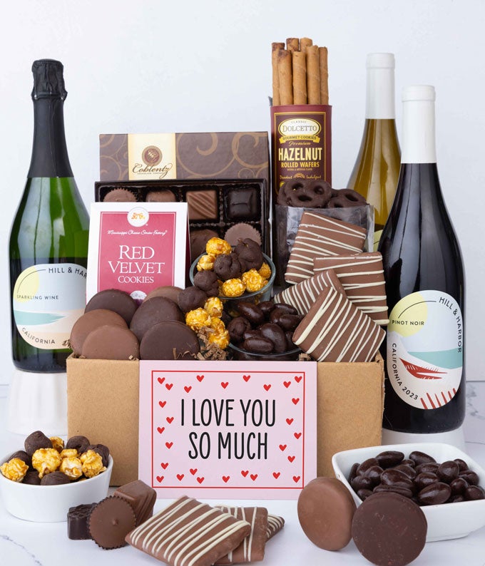 I Love You! Gourmet Chocolate & Wine Indulgence Gift Box - Red, White & Sparkling Wine