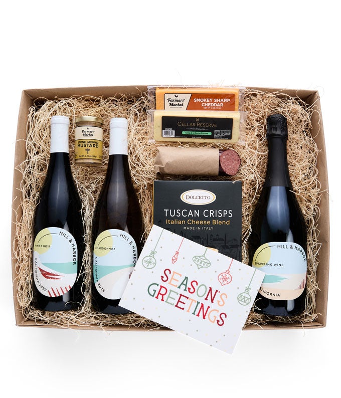 Season&#39;s Greetings Meat &amp; Cheese Gift Box with Red, White and Sparkling Wine