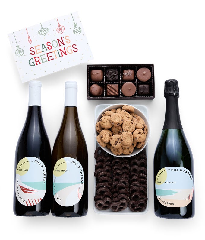 Season&#39;s Greetings Sweet Treats Chocolate Gift Box with California Red, White &amp; Sparkling Wine