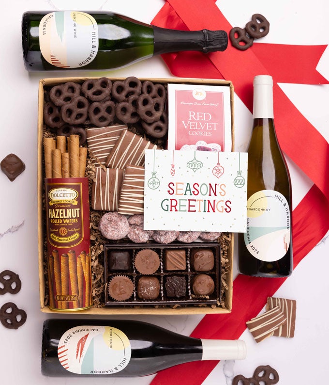 Season's Greetings Chocolate & Sweets Gift Box with Red, White & Sparkling Wine