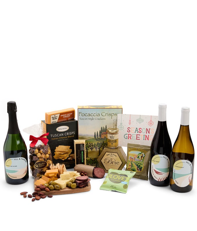 Season&#39;s Greetings Charcuterie, Cheese &amp; California Wine Gourmet Gift Box - Red, White &amp; Sparkling Wine