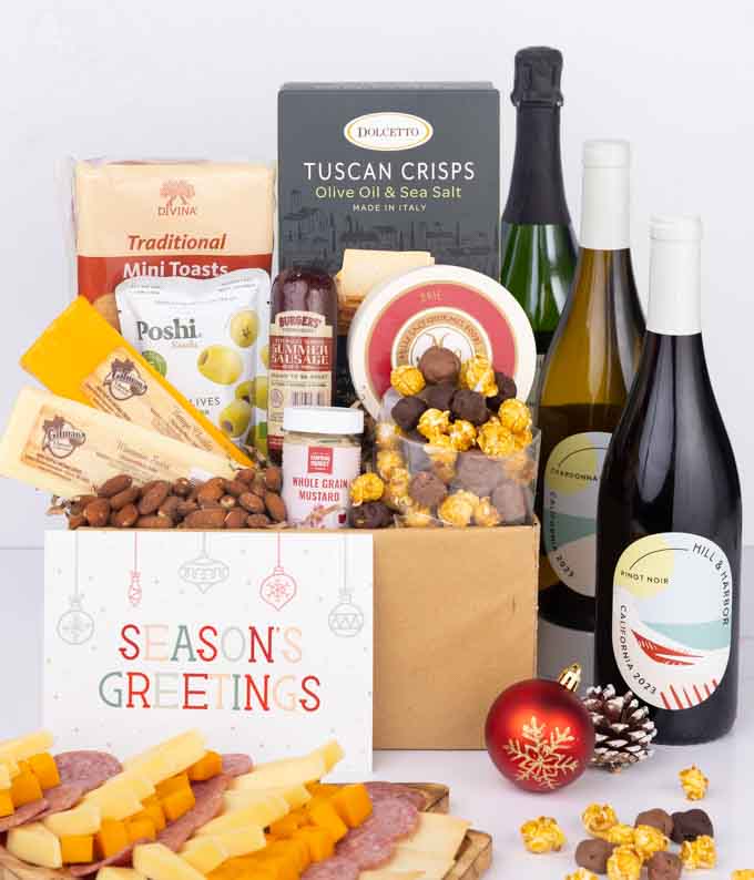 Season's Greetings Deluxe Charcuterie & Cheese Gift Box with Red, White & Sparkling Wine