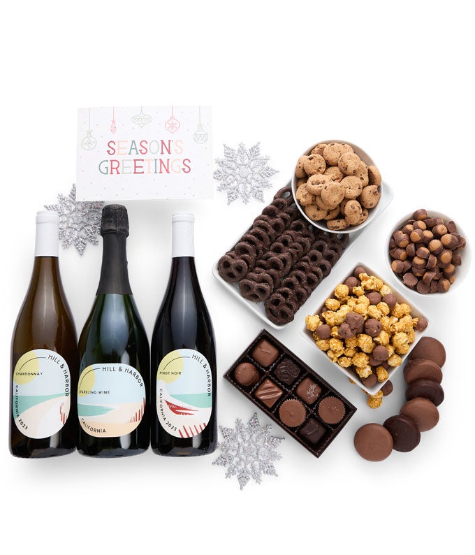 Season&#39;s Greetings Gourmet Chocolate &amp; Wine Indulgence Gift Box - California Red, White &amp; Sparkling Wine