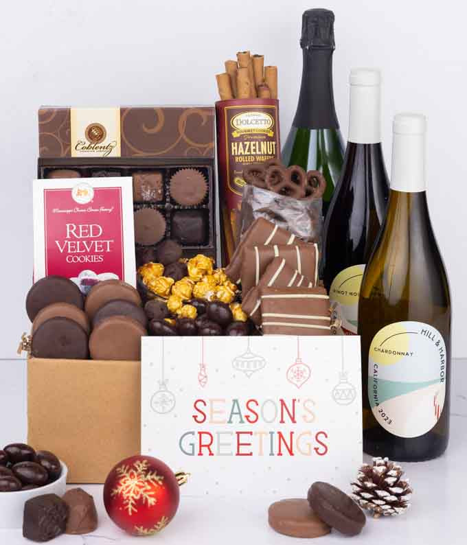 Season's Greetings Gourmet Chocolate Gift Box with Red, White & Sparkling Wine
