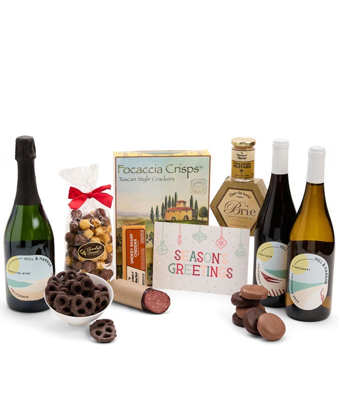 Season&#39;s Greetings Sweet &amp; Savory Gourmet Gift Box with California Red, White &amp; Sparkling Wine