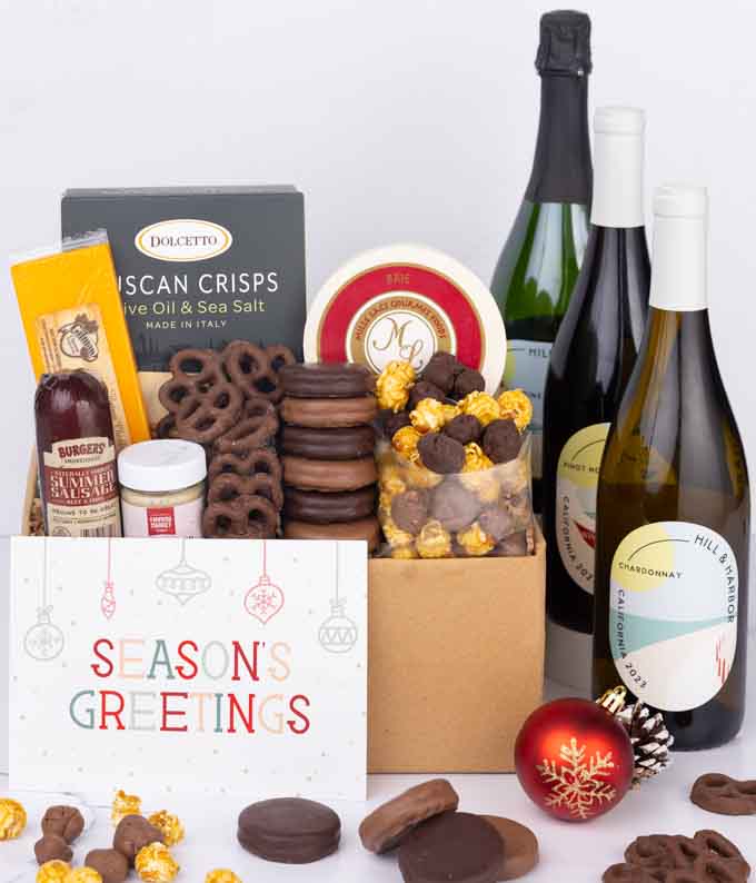 Season's Greetings Sweet & Savory Gift Box with Red, White & Sparkling Wine