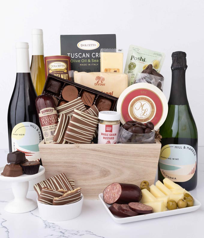 Charcuterie & Sweets Easter Gift Basket with Red, White & Sparkling Wine