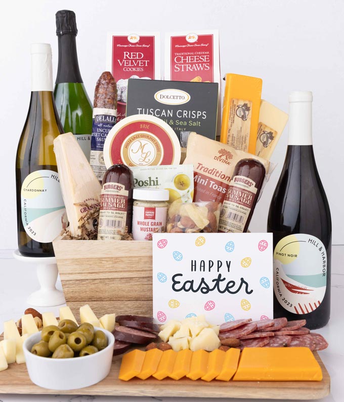 Premium Charcuterie & Cheese Easter Gift Basket with Red, White & Sparkling Wine