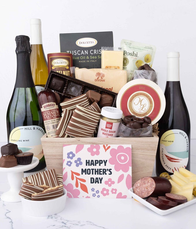 Charcuterie & Sweets Mother's Day Gift Basket with Red, White & Sparkling Wine
