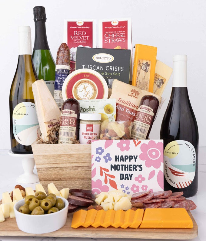 Premium Charcuterie & Cheese Mother's Day Gift Basket with Red, White & Sparkling Wine